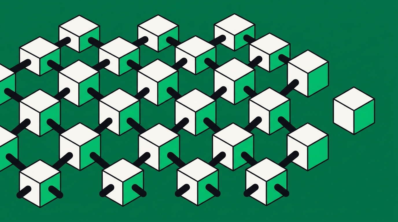 Flat isometric illustration. A grid of identical units in ordered rows, all interconnected to their neighbours, with one unit set apart at the edge connected to nothing. The pattern and its exception are the subject.