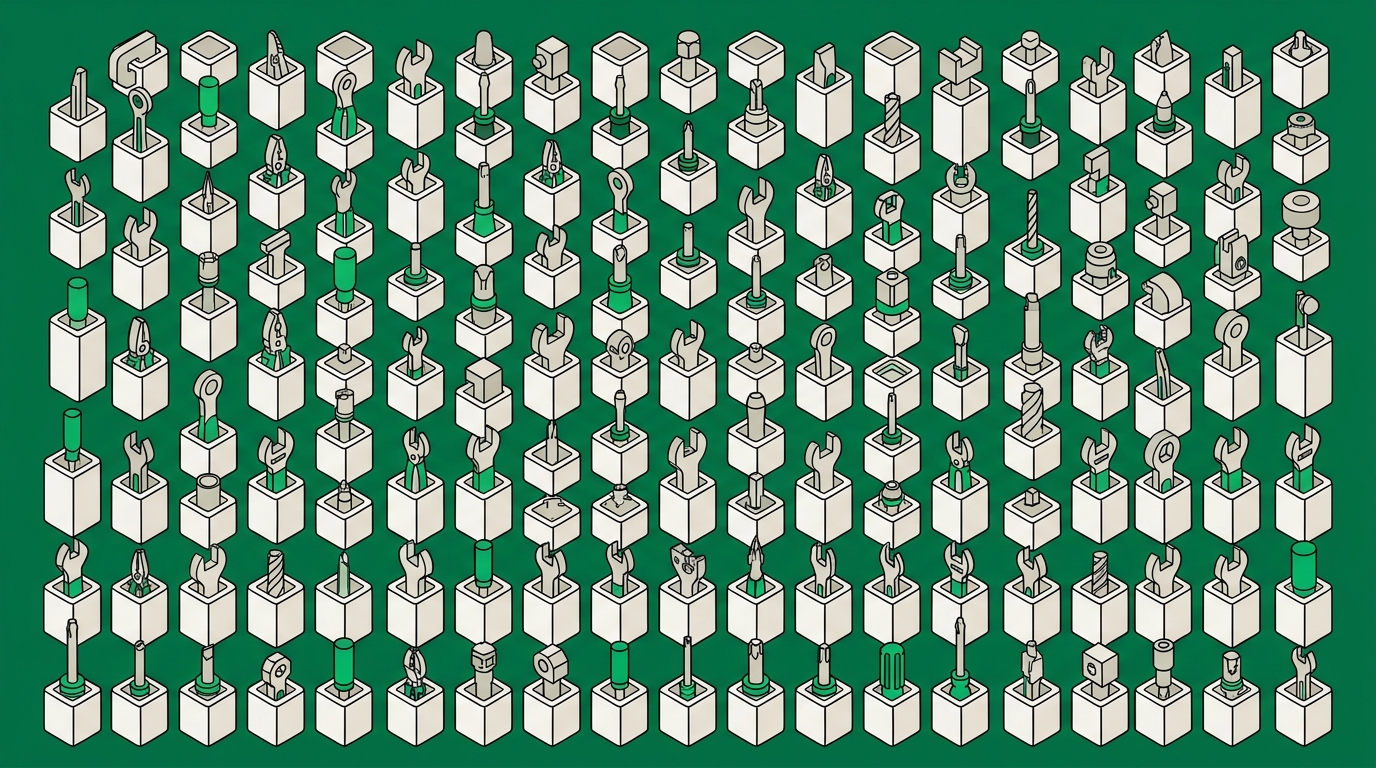 Flat isometric illustration. Rows of identical tool holders seen from above and to one side, each holding a different implement. The regular grid is the subject. Mostly off-white with the field reduced to a narrow border.