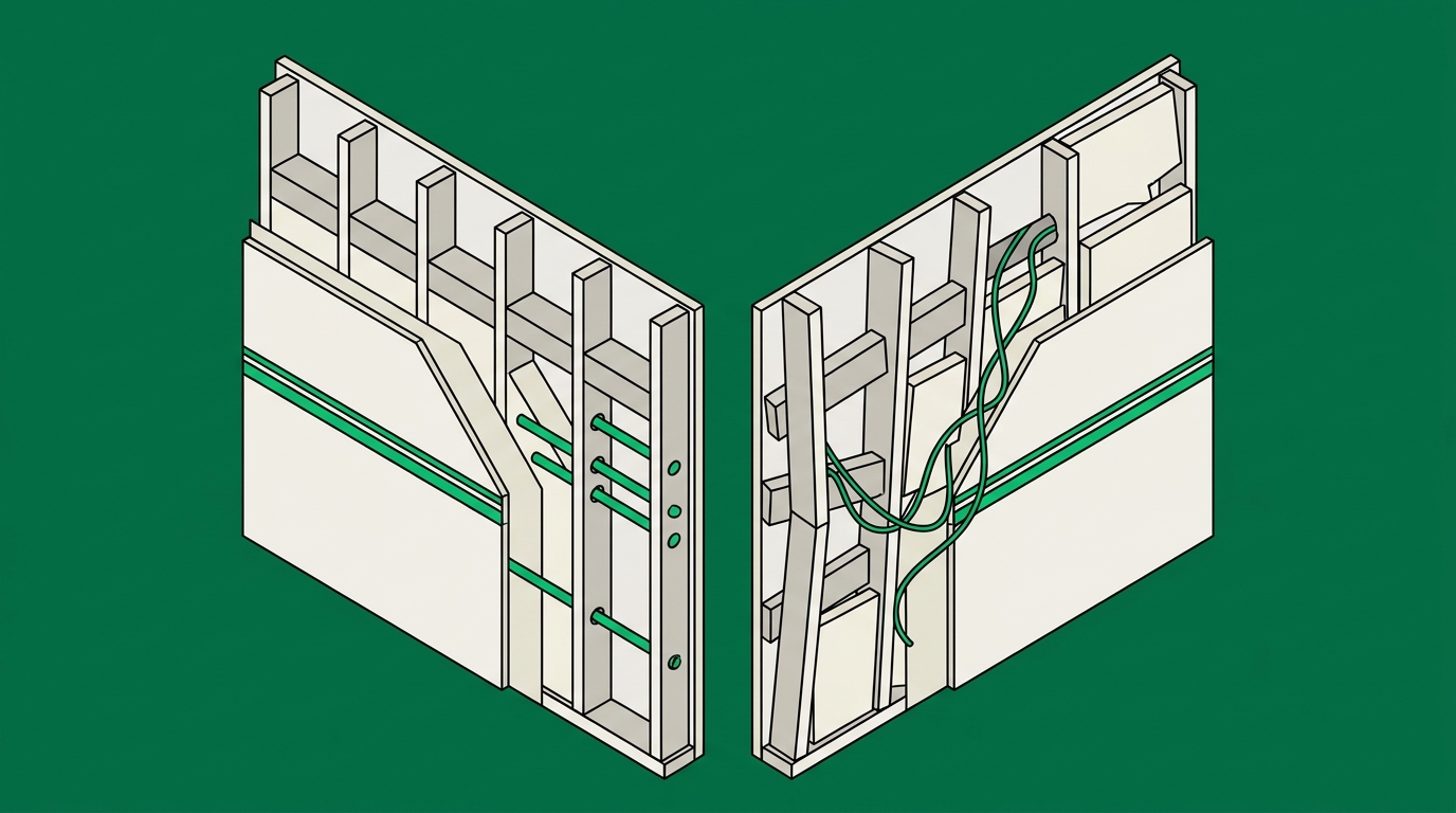 Flat isometric illustration. A cutaway through two adjacent wall assemblies revealing their interiors: one framed cleanly with even spacing, the other with crooked members and gaps. From outside both faces look identical.