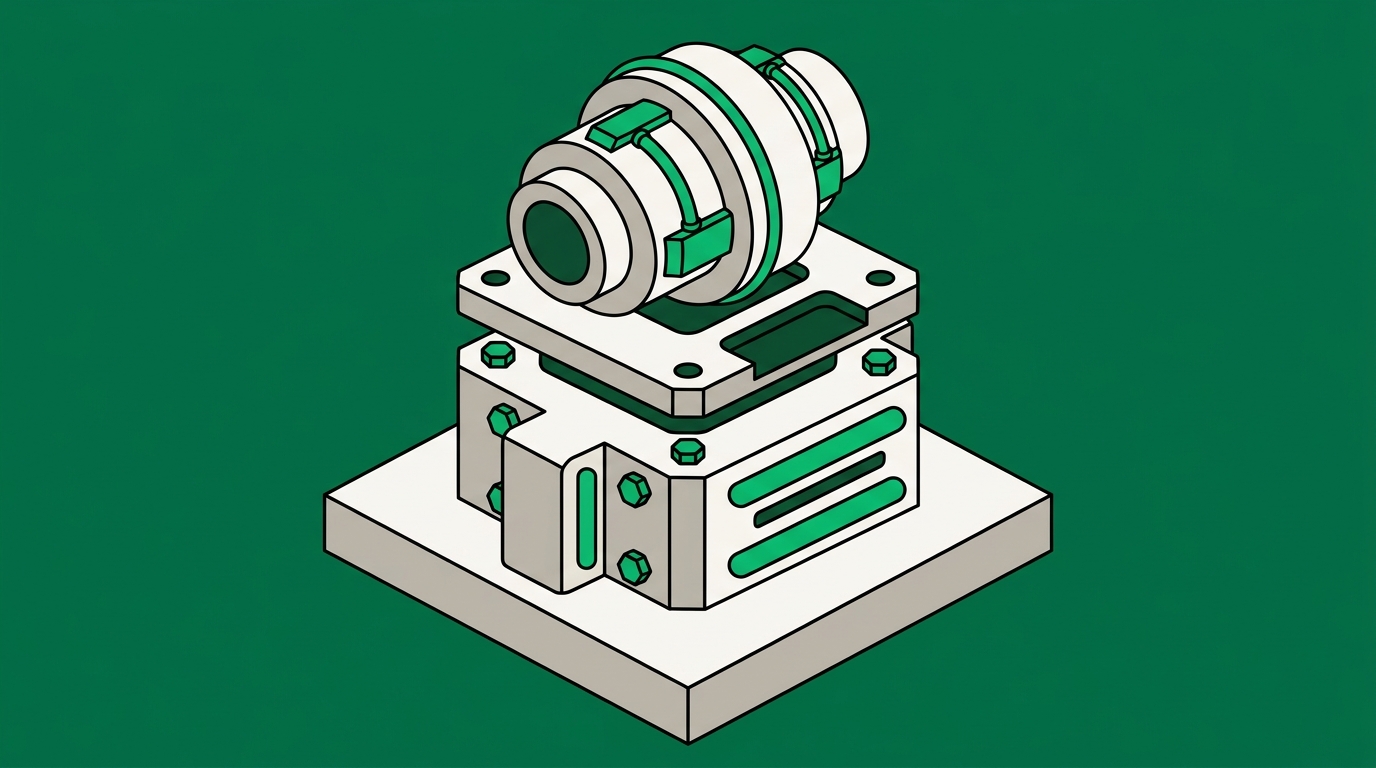 Flat isometric illustration. Two differently shaped couplings stacked one above the other with an adapter plate sandwiched between them, seen as a tiered assembly where each layer sits on the one below. Grounded on a plinth.