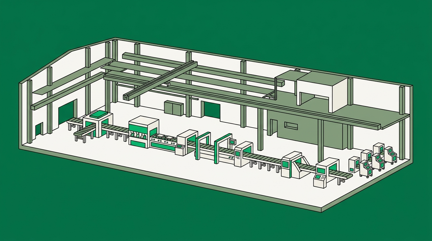 Flat isometric illustration. A whole production hall seen from a distance, its tooling line running the length of the floor and the units it produces small at the far end. The building is the subject, the products are incidental.