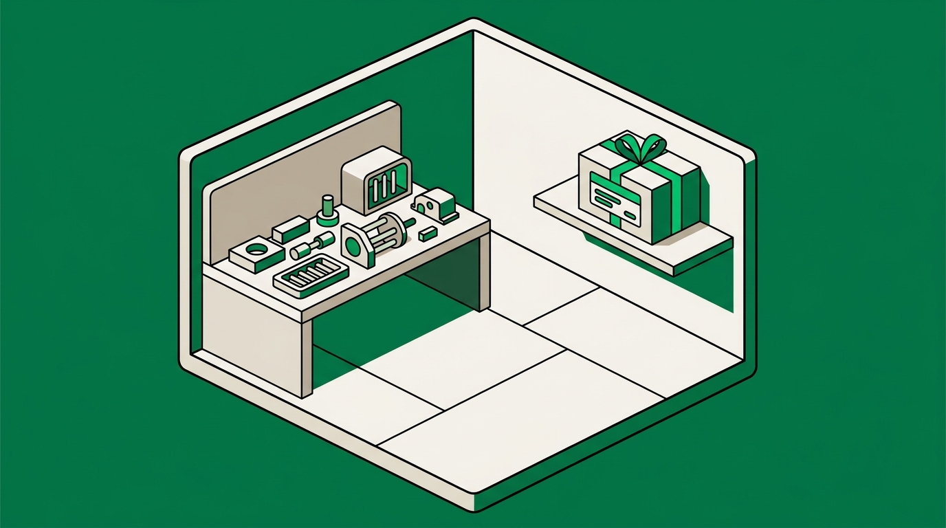 Flat isometric illustration. A workshop room with floor and walls: on one side a bench strewn with raw components and part-built work, on the other a shelf holding one sealed finished unit in its packaging. Both in the same room.