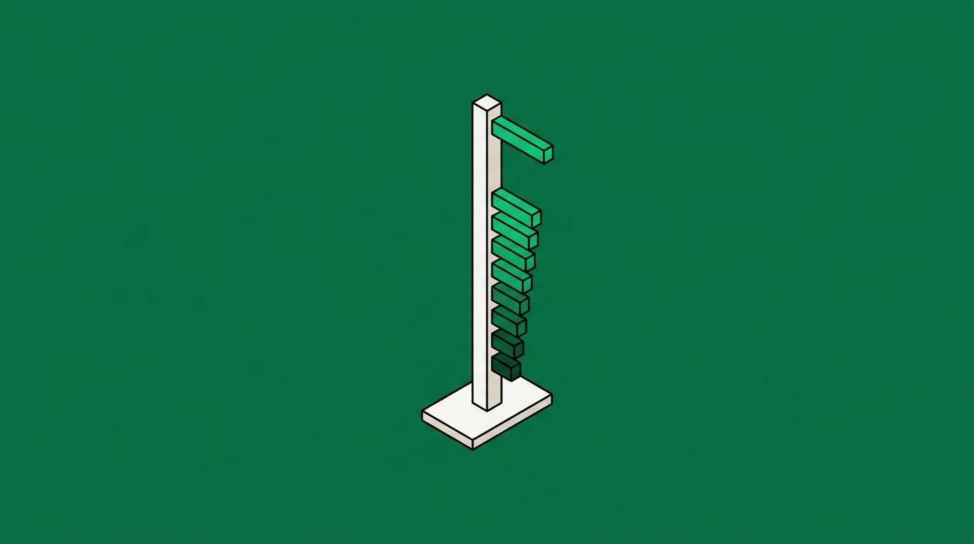 Flat isometric illustration. One slim vertical post with graduated marker bars fixed up its height, the topmost bar set far above the regular rhythm below it. Small in frame, generous empty field, grounded on a base.
