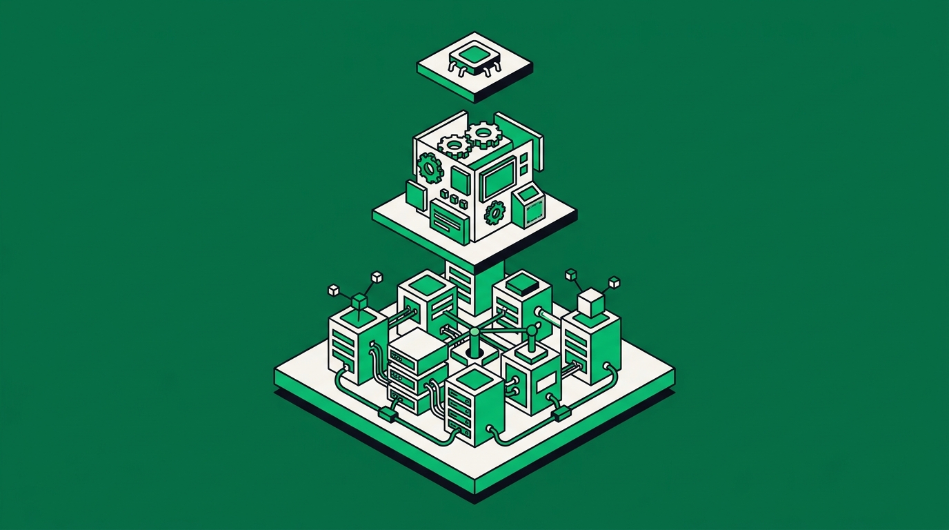 Flat isometric illustration. Three tiers stacked vertically, each broader than the one above: the top tier holds one small component, the middle an assembled module, the base a whole connected system. Grounded, read bottom to top.