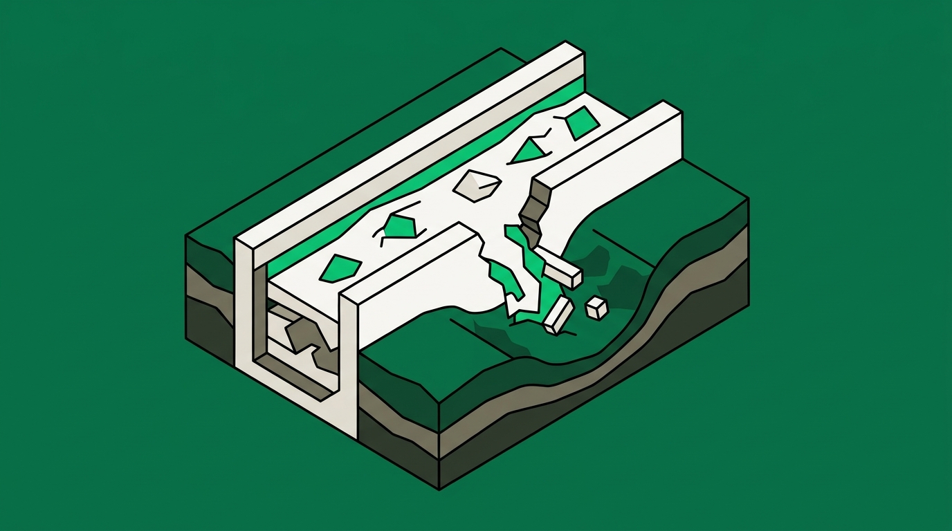 Flat isometric illustration. A cutaway through a bounded channel showing its guard walls in section, with one wall section missing and the contents escaping through the breach into the cut-away earth beside it.