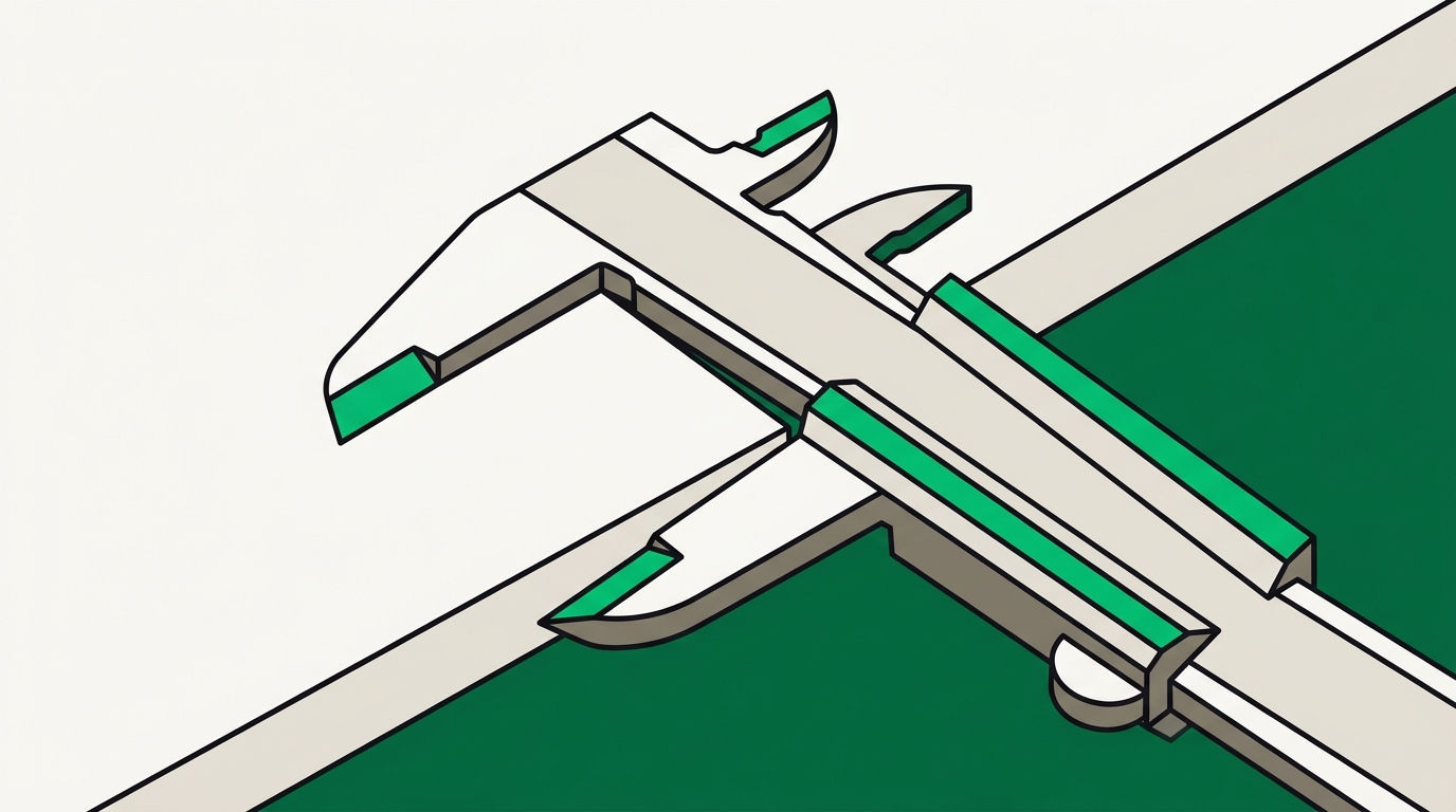 Flat isometric illustration. Extreme close view of the edge of a flat panel with a measuring gauge resting across it, the gauge jaws and the panel edge filling the frame. One shallow gap visible under the straight edge.