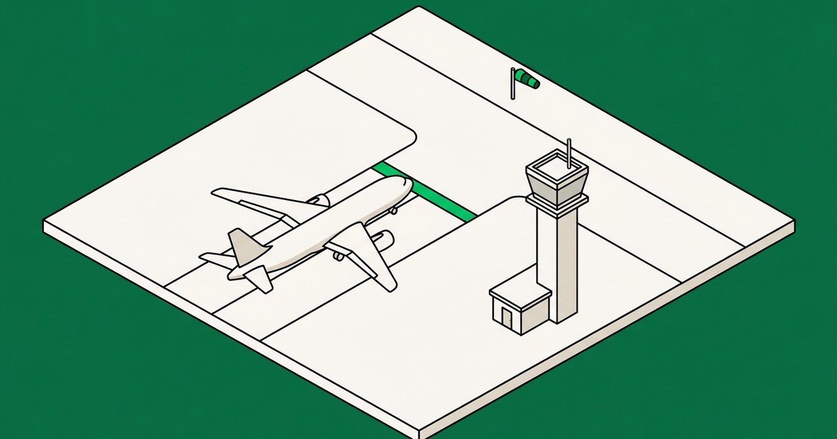 Flat isometric illustration on a deep green field: a passenger aircraft holds on a taxiway just short of a bright green hold line before the runway, while an air traffic control tower overlooks it and a windsock stands beside the runway.