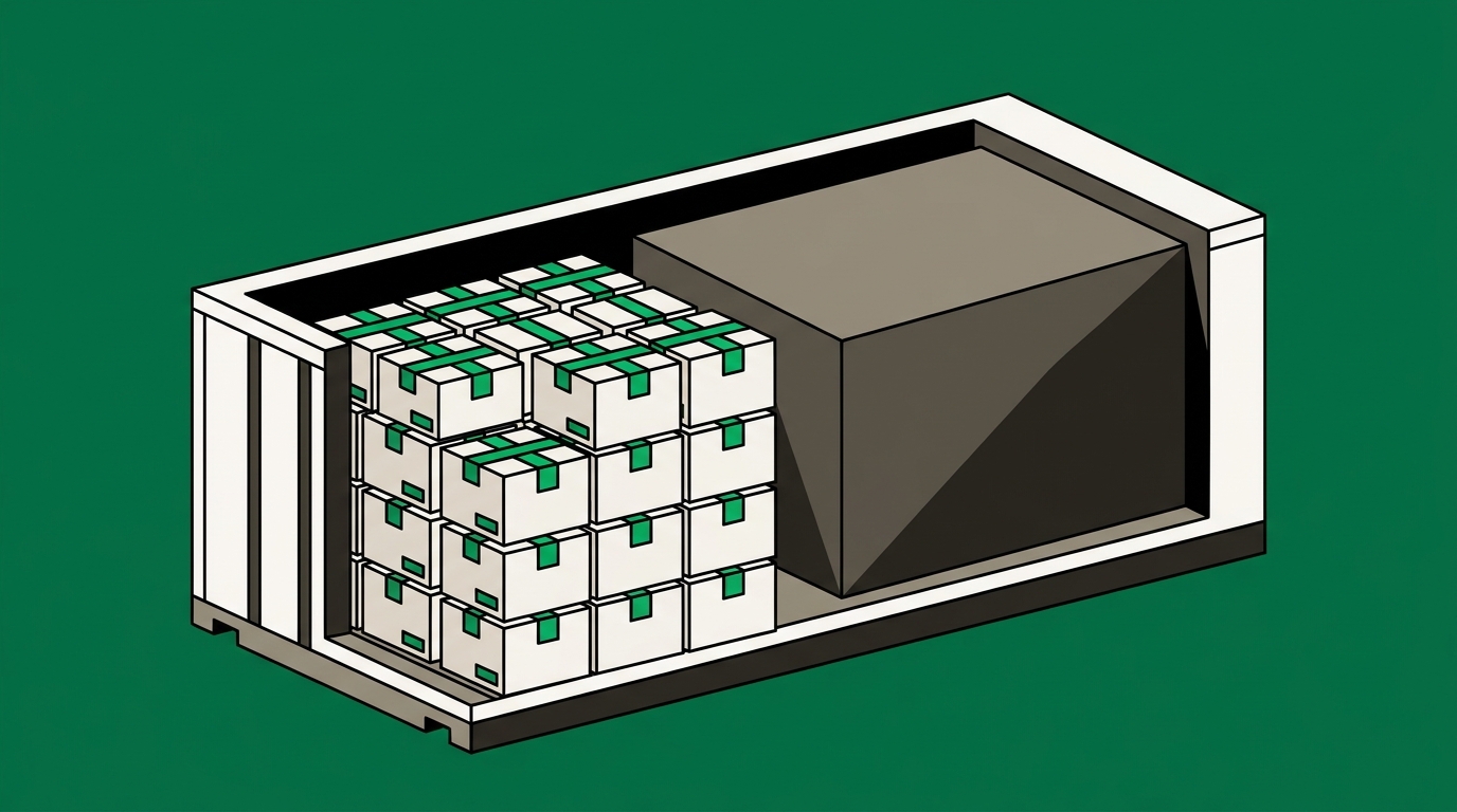 Flat isometric illustration. A cutaway through a loaded container showing its interior divided in two: half filled with neatly stacked cargo, half occupied by a solid immovable wedge taking up space that cargo could have used.