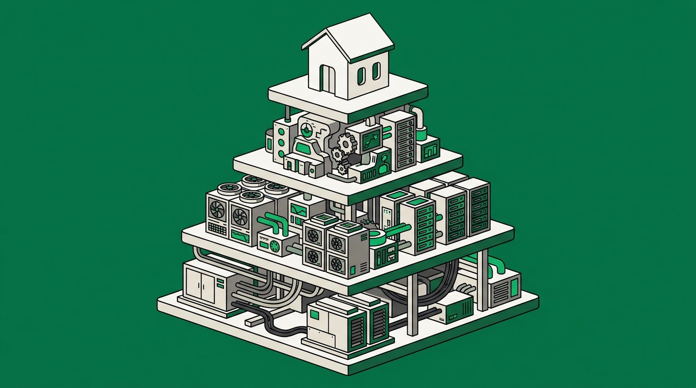 Flat isometric illustration. A small simple hut sits on the top tier of a plinth. Directly beneath it, revealed as successive lower tiers, sits the vast supporting machinery that would actually be required to run it: layer on layer of dense equipment, each broader than the one above. The visible ask is tiny, the substructure is enormous.