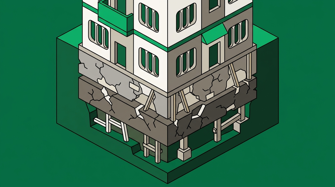 Flat isometric illustration. A cutaway through the foundations and lower floors of a building, revealing strata beneath the clean upper storeys: older courses that are cracked, patched with mismatched material and shored with props. Grounded in earth, not floating. Dense detail in the lower half, calm above. No cables.