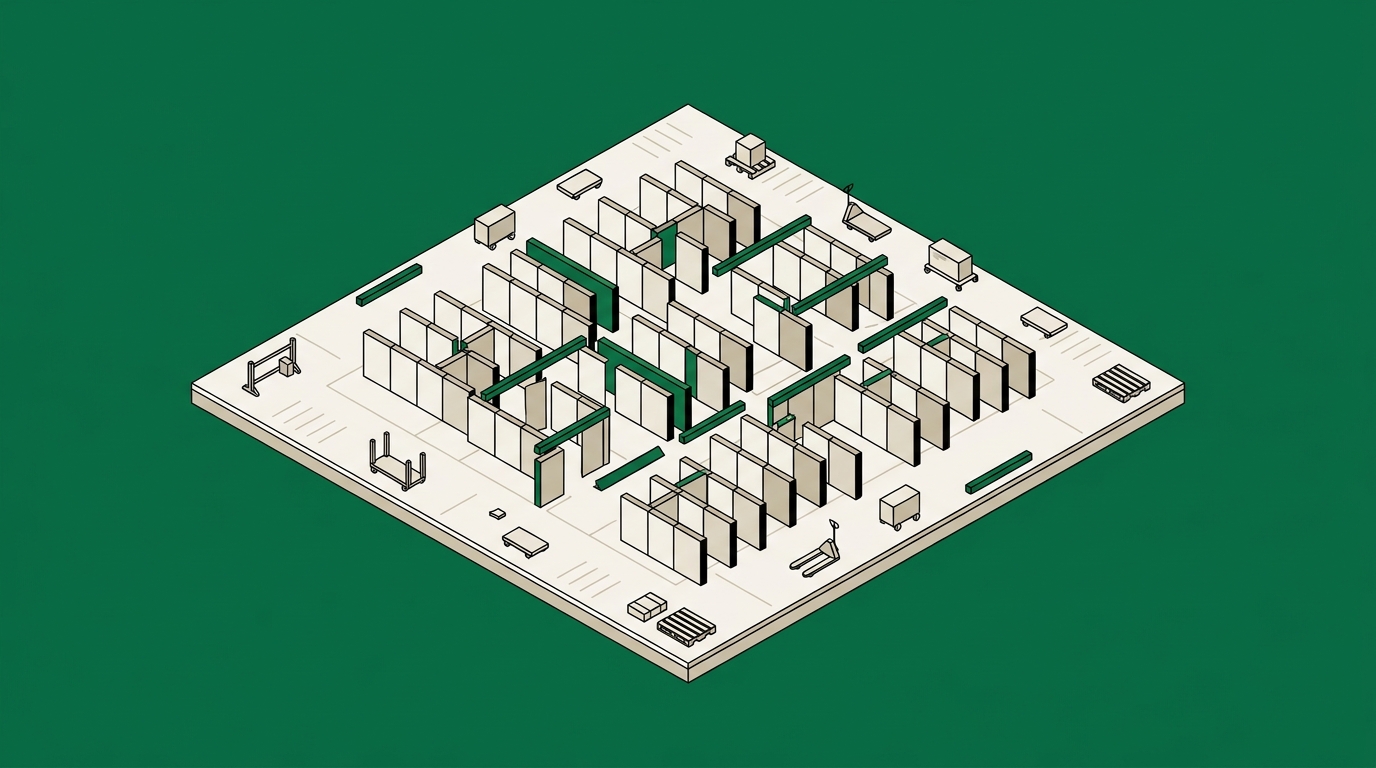 Flat isometric illustration. A wide view of a large open assembly floor seen from a distance, with prefabricated panel sections laid out across it in rows and the joins between them visibly misaligned. The structures are small within a big frame. Grounded on a floor plane. No cables.