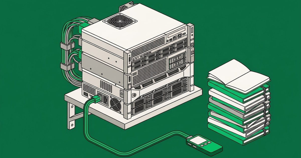 Flat isometric illustration on a deep green field: a compact rack-style server on a wall shelf, a thick green cable running from the server to a plain handheld device in the foreground, and a tall stack of green and off-white notebooks with the top one open.