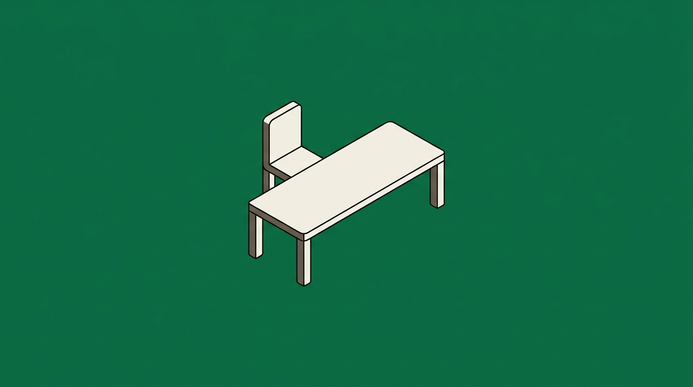 Flat isometric illustration. One empty chair at the head of a long plain table, small in a large frame with generous empty field. Nothing else in the room. No people, no cables.